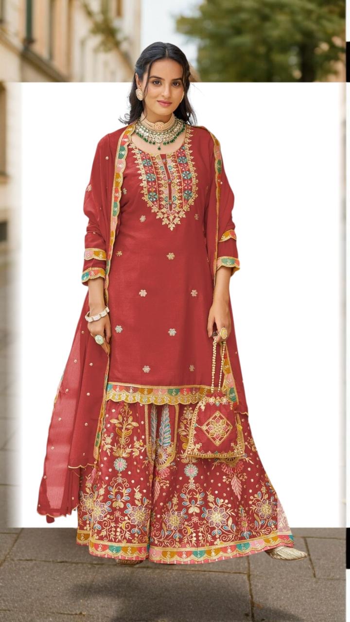 Premium Heavy Embroidered Sharara Suit Set With Dupatta & Potli
