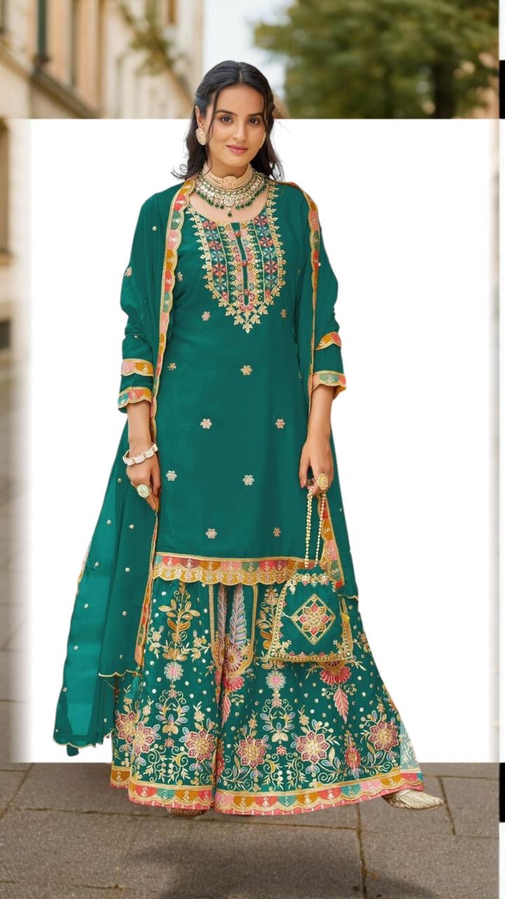 Premium Heavy Embroidered Sharara Suit Set With Dupatta & Potli