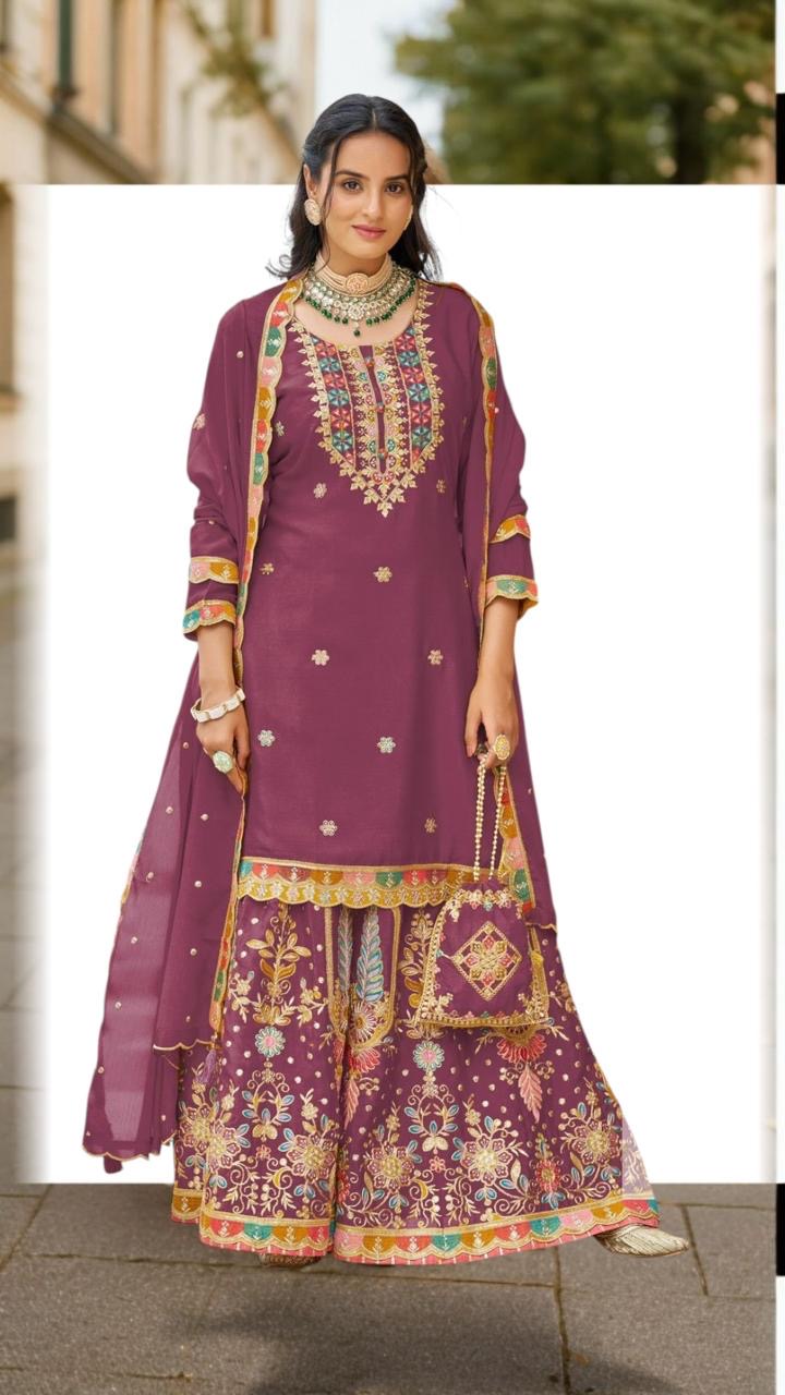Premium Heavy Embroidered Sharara Suit Set With Dupatta & Potli