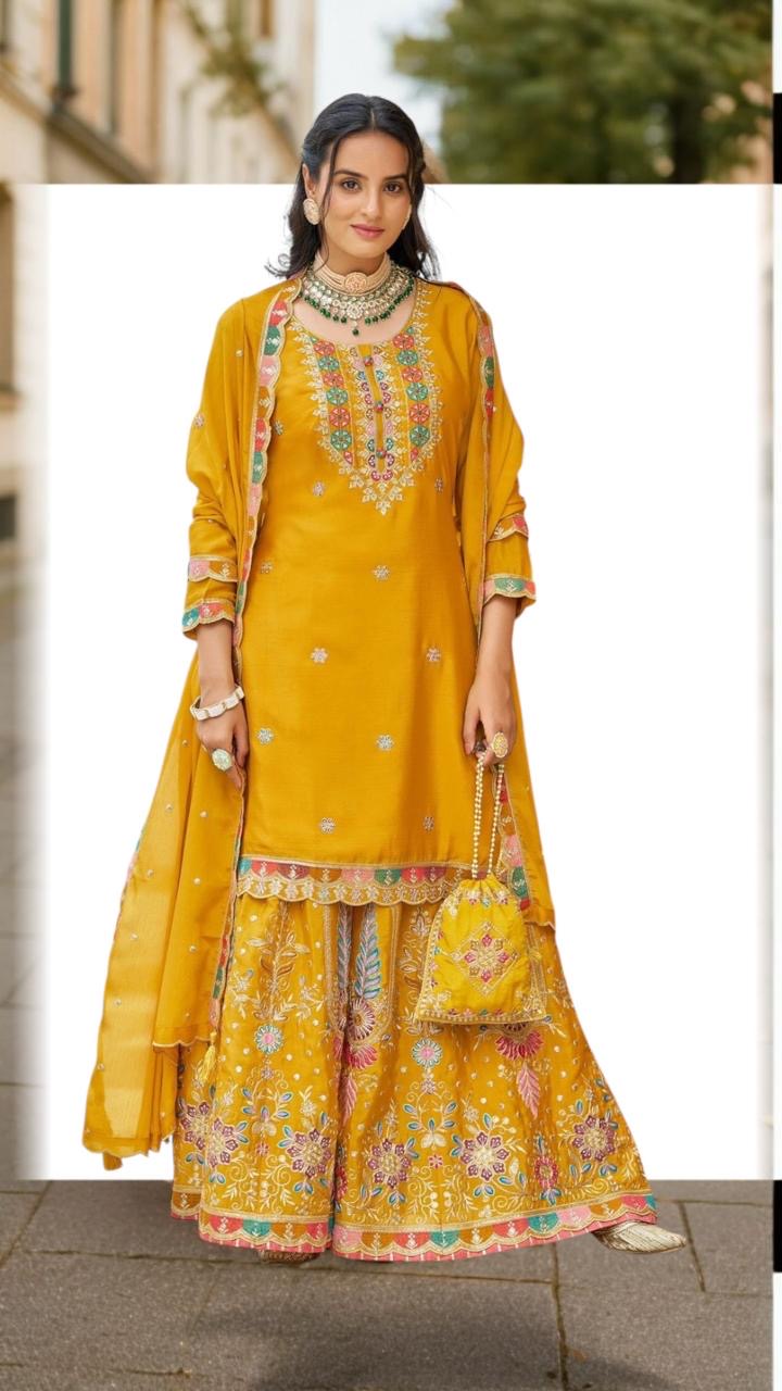 Premium Heavy Embroidered Sharara Suit Set With Dupatta & Potli