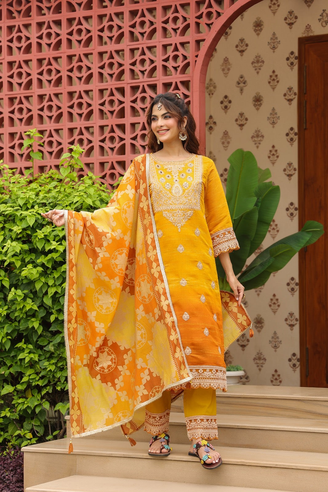 Sunset Blossom Embroidered Suit set